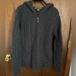 Inis Crafts Irish Wool Hooded Cable Knit Cardigan. Made in Ireland.